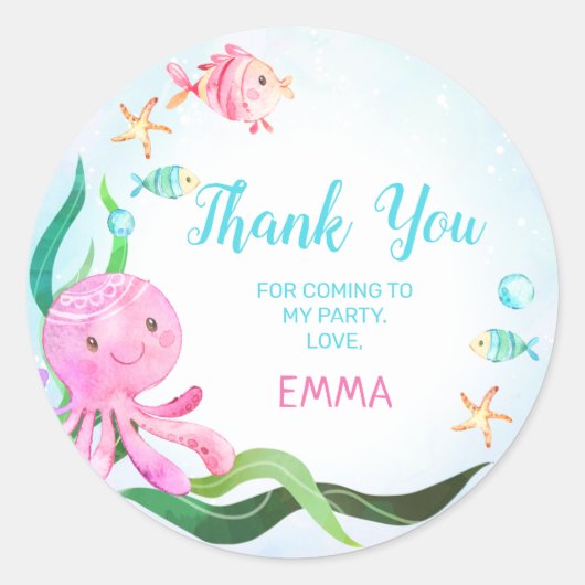 海の下のタコの魚誕生日シール ラウンドシール (正面)