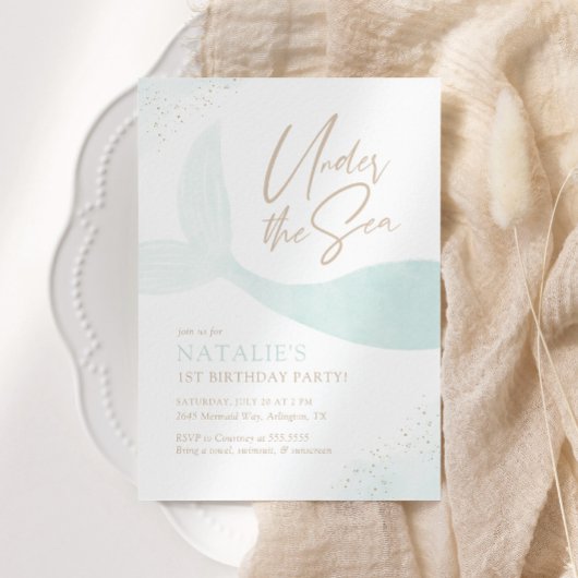 海の下のターコイズの人魚の女の子の誕生日 招待状