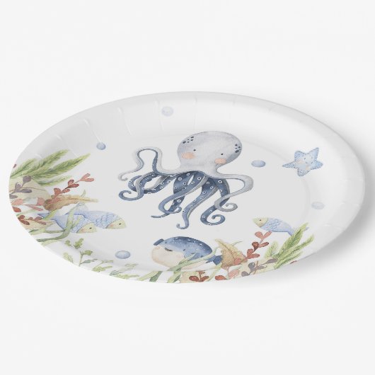 海の下のパーティーデコール、タコ誕生日 ペーパープレート (アングル)