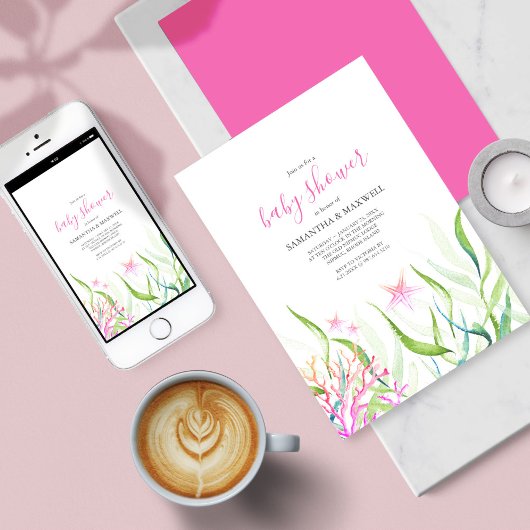 海の下のピンクとグリーンのベビーシャワー 招待状