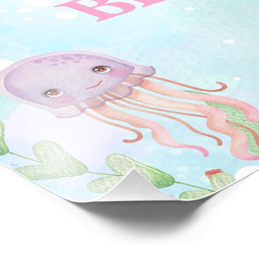 海の下のピンクのクジラ1日の誕生日ウェルカムサイン フォトプリント            (角)