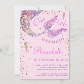 海の下のピンクの人魚の尾誕生日 招待状 (正面)