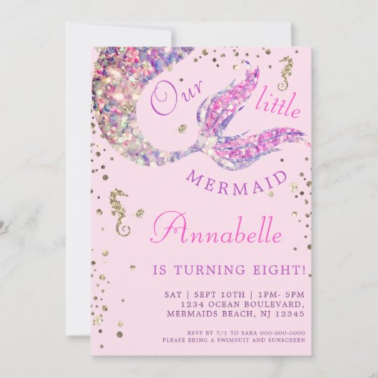 海の下のピンクの人魚の尾誕生日 招待状 (正面)