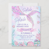 海の下のピンクの人魚の尾誕生日 招待状 (正面)