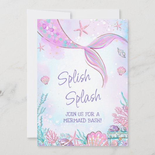 海の下のピンクの人魚の尾誕生日 招待状 (裏面)