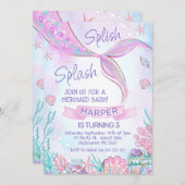 海の下のピンクの人魚の尾誕生日 招待状 (正面/裏面)