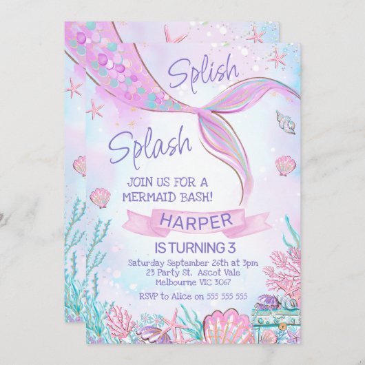 海の下のピンクの人魚の尾誕生日 招待状 (正面/裏面)