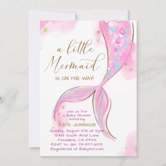 海の下のピンクの人魚の海女の子の赤ちゃんシャワー 招待状 (正面)