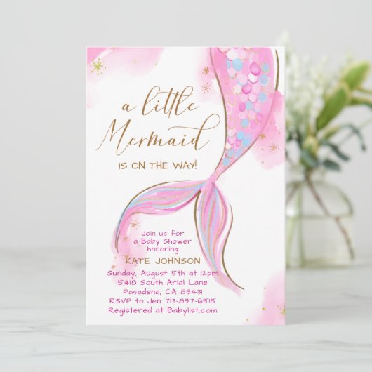 海の下のピンクの人魚の海女の子の赤ちゃんシャワー 招待状 (スタンド正面)