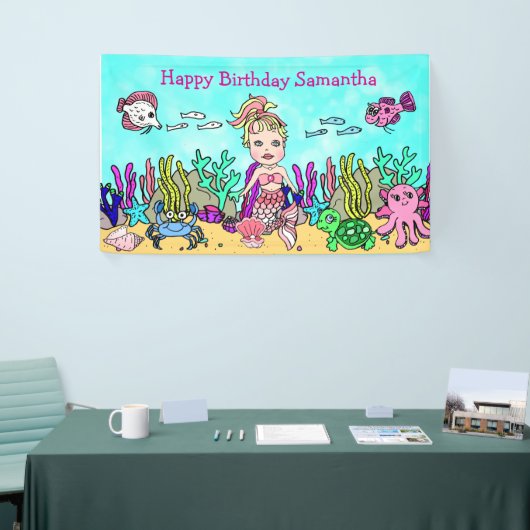 海の下のピンクの人魚の誕生日旗 横断幕 (トレードショー)
