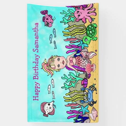 海の下のピンクの人魚の誕生日旗 横断幕 (縦)