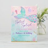 海の下のピンクの紫色の人魚の尾誕生日 招待状 (スタンド正面)