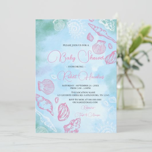 海の下のピンクの貝類の海赤ちゃんシャワー 招待状 (スタンド正面)