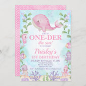 海の下のピンクの鯨の女の子の誕生日 招待状 (正面/裏面)