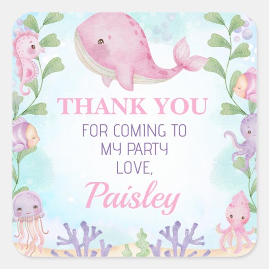 海の下のピンクホエールガールズシール誕生日 スクエアシール (正面)