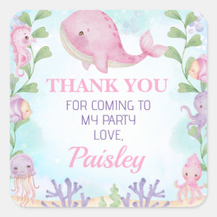 海の下のピンクホエールガールズシール誕生日 スクエアシール