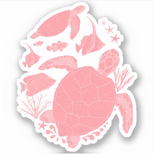 海の下のピンク色のウミガメ シール (正面)