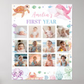 海の下のピンク誕生日写真マイルストーンサイン ポスター (正面)