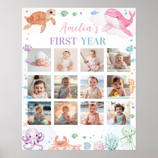 海の下のピンク誕生日写真マイルストーンサイン ポスター (正面)