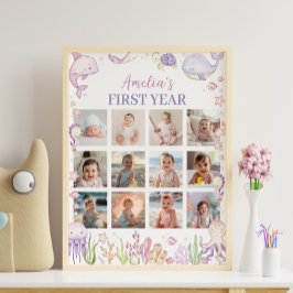 海の下のピンク誕生日写真マイルストーンサイン ポスター