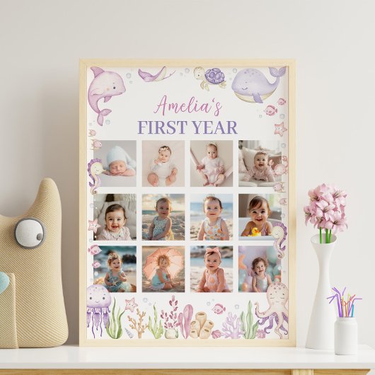 海の下のピンク誕生日写真マイルストーンサイン ポスター