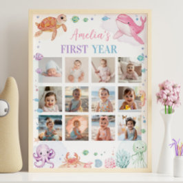 海の下のピンク誕生日写真マイルストーンサイン ポスター