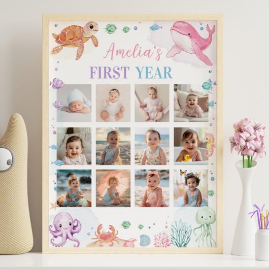 海の下のピンク誕生日写真マイルストーンサイン ポスター