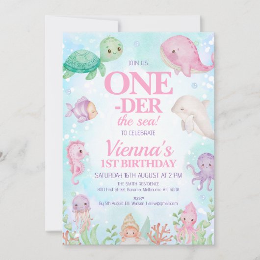 海の下のフォトピンクのクジラ1歳の誕生日 招待状 (正面)