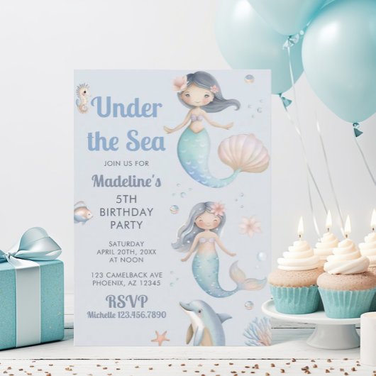 海の下のブルーの人魚の誕生日パーティー 招待状