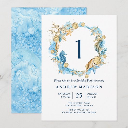 海の下のブルーゴールドの誕生日パーティー招待状 招待状 (正面/裏面)