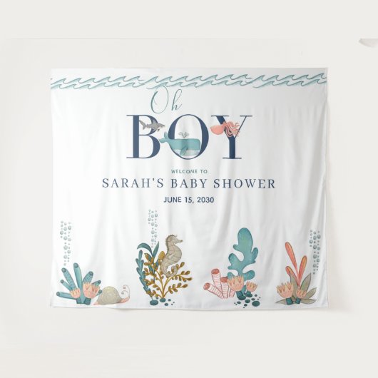 海の下のブルー水彩 おとこの子ベビーシャワータペストリー タペストリー (正面(横))