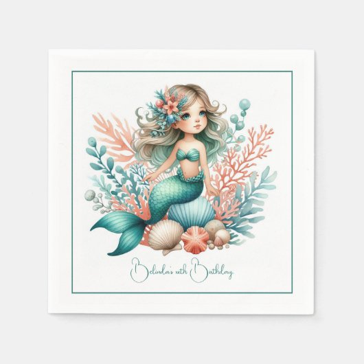 「海の下のプリンセス」マーメイド誕生日パーティー スタンダードカクテルナプキン (正面)