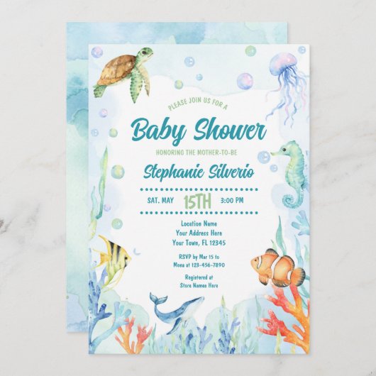 海の下のベイビーシャワー 水彩招待状 招待状 (正面/裏面)