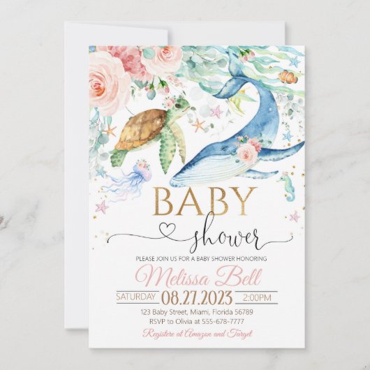 海の下のベビーシャワー招待状 ガール オーシャン 招待状 (正面)