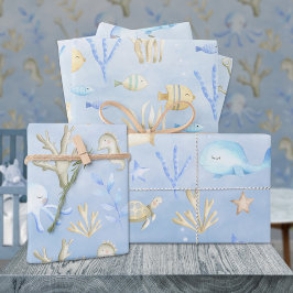 海の下のベビーブルーホエールタコ ラッピングペーパーシート