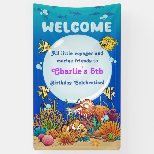 海の下のマンガ動物パーティー歓迎バナー 横断幕 (縦)