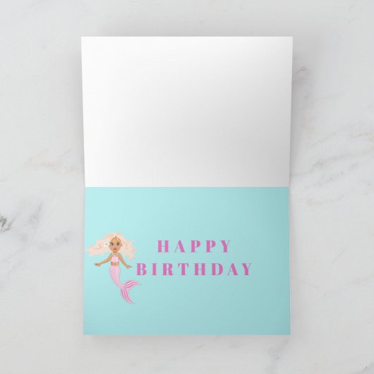 海の下のマーメイドかわいいピンクの青誕生日 カード (内部)