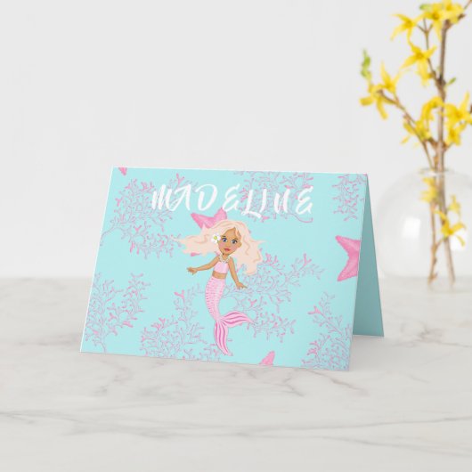 海の下のマーメイドかわいいピンクの青誕生日 カード (黄色い花)