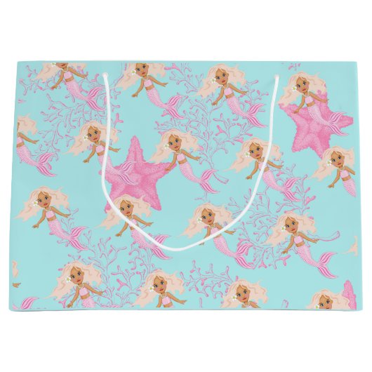 海の下のマーメイドかわいいピンクの青誕生日 ラージペーパーバッグ (正面)