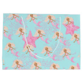 海の下のマーメイドかわいいピンクの青誕生日 ラージペーパーバッグ (裏面)