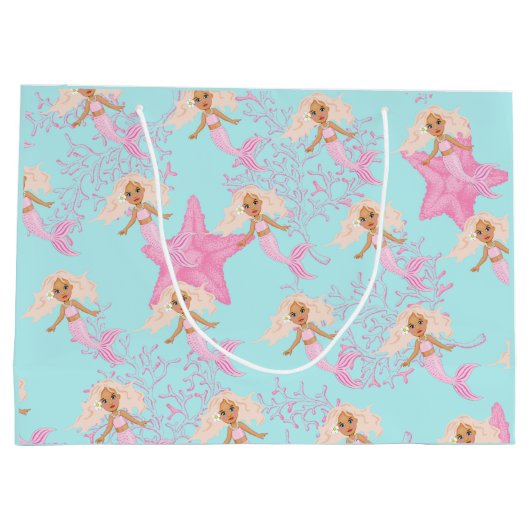 海の下のマーメイドかわいいピンクの青誕生日 ラージペーパーバッグ (裏面)
