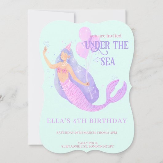 海の下のマーメイドの誕生日ブルーパーティー 招待状 (正面)