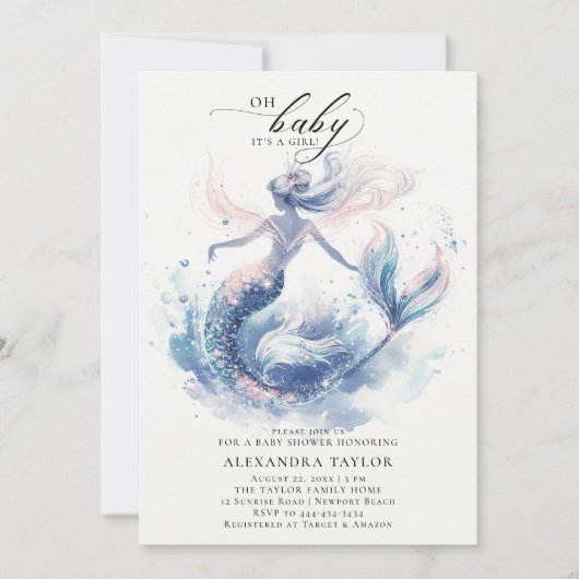 海の下のマーメイドエレガントシックな女の子の赤ちゃんシャワー 招待状 (正面)