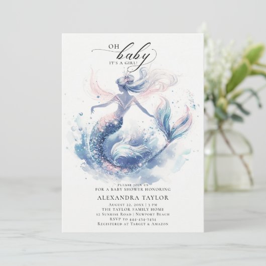 海の下のマーメイドエレガントシックな女の子の赤ちゃんシャワー 招待状 (スタンド正面)