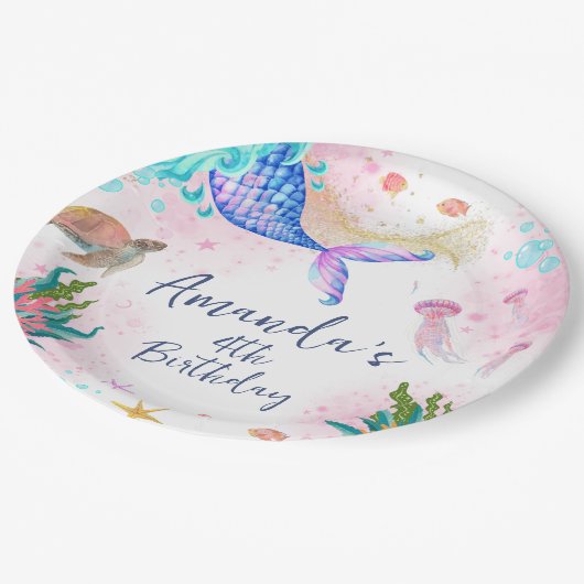 海の下のマーメイドテールウォーター誕生日 ペーパープレート (アングル)