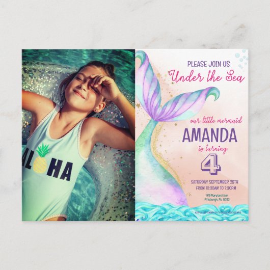 海の下のマーメイドテールウォーター誕生日 ポストカード (正面)