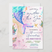 海の下のマーメイドテールウォーター誕生日 招待状 (正面)