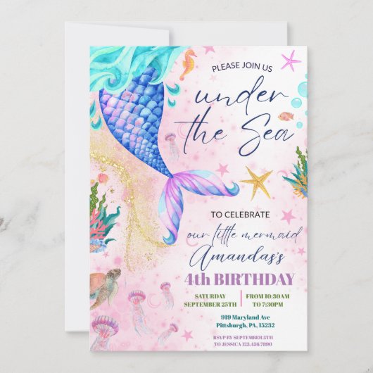 海の下のマーメイドテールウォーター誕生日 招待状 (正面)