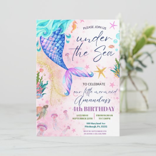 海の下のマーメイドテールウォーター誕生日 招待状 (スタンド正面)