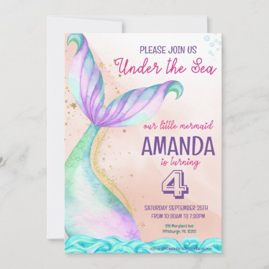 海の下のマーメイドテールウォーター誕生日 招待状 (正面)